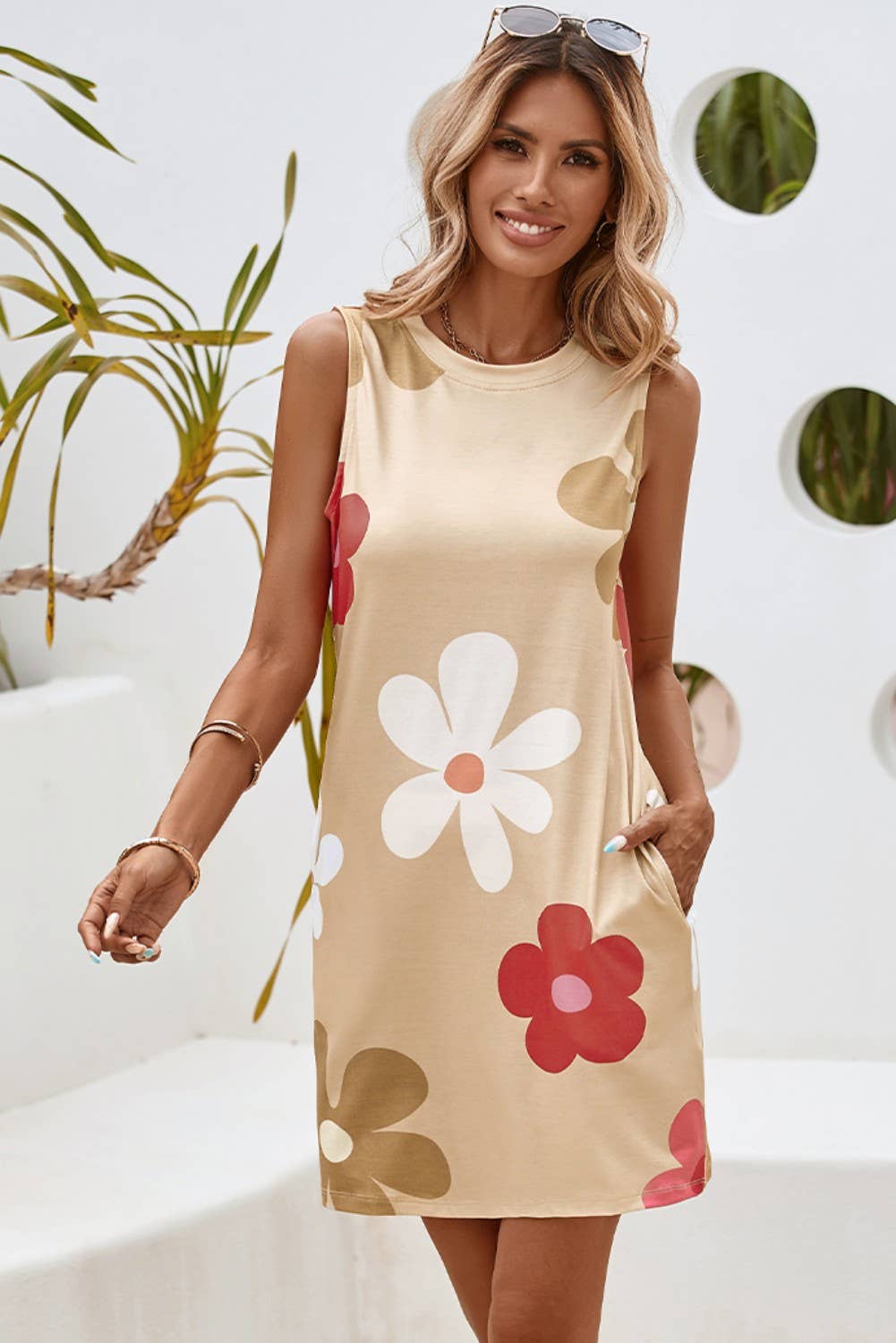 LDC Flower Print Crew Neck Sleeveless Dress