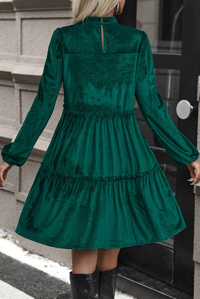 Dark Green Splicing Ruffled A-line Velvet Dress
