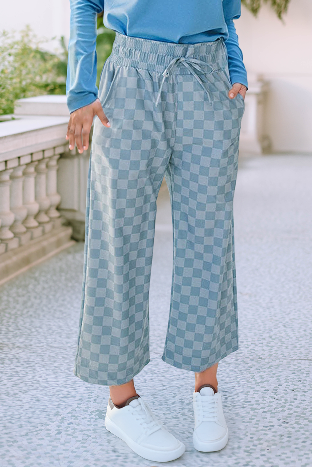 LDC Tie Elastic Waist Checkered Loose Pants
