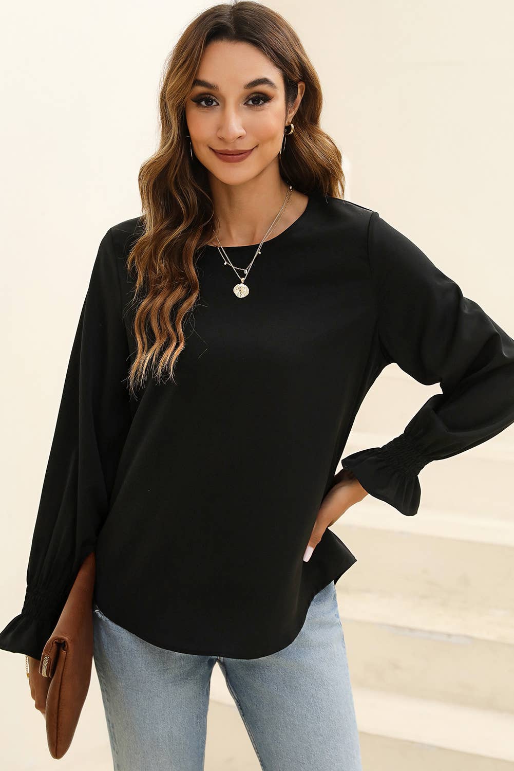 Crew Neck Ruffle Bubble Sleeve Top
