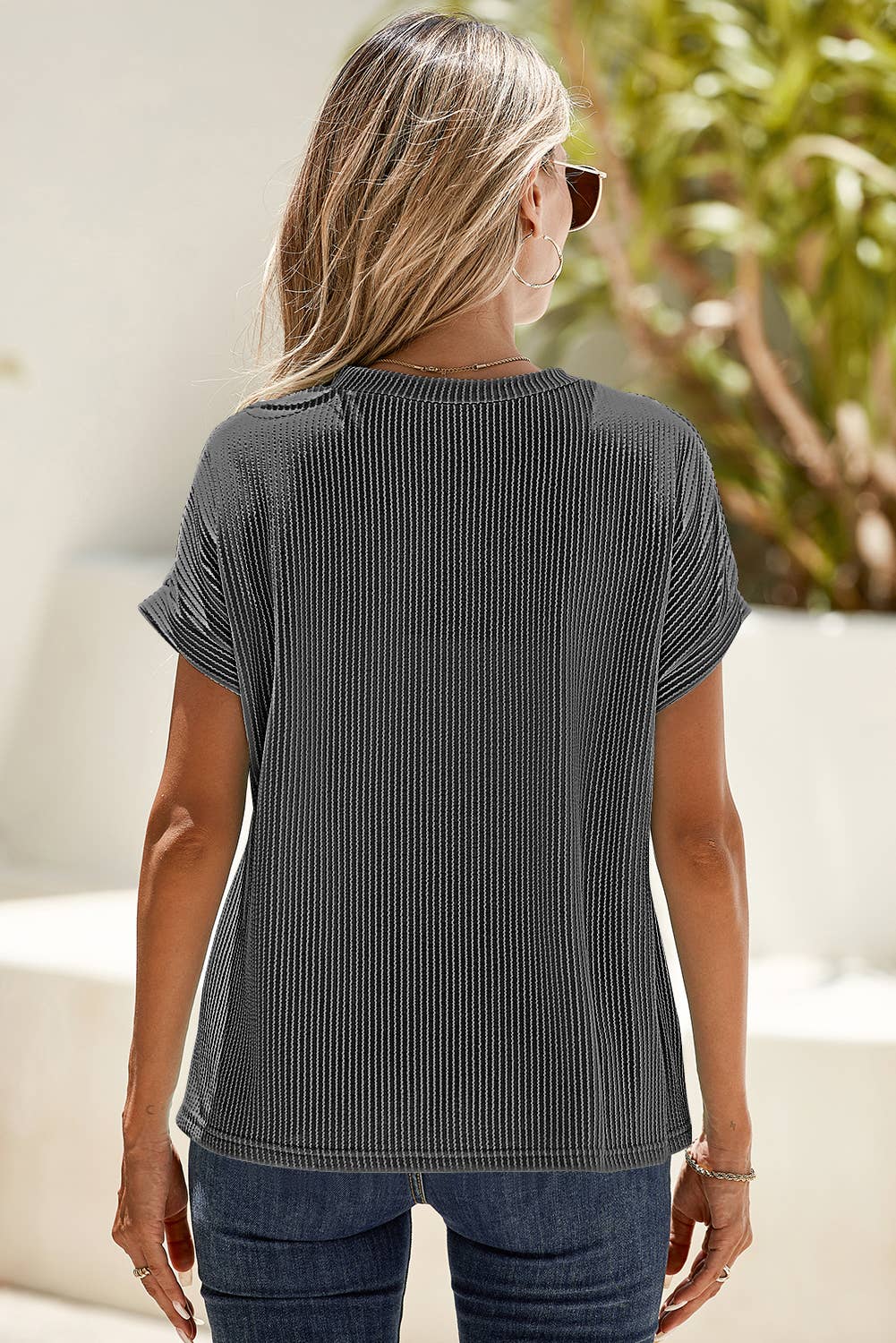 LDC Corded Knit Color Block Pocketed Crew Neck T Shirt