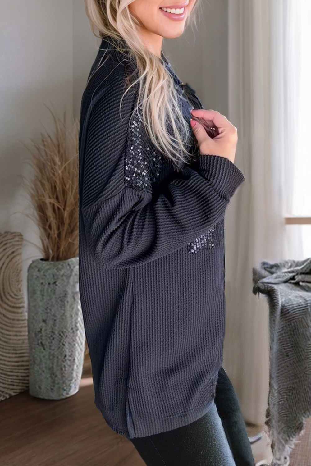 Black Sequin Patch Chest Pocket Corded Shacket