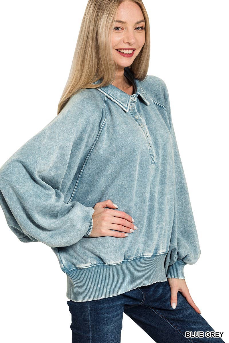 Acid Wash Fleece Button Up Collared Pullover
