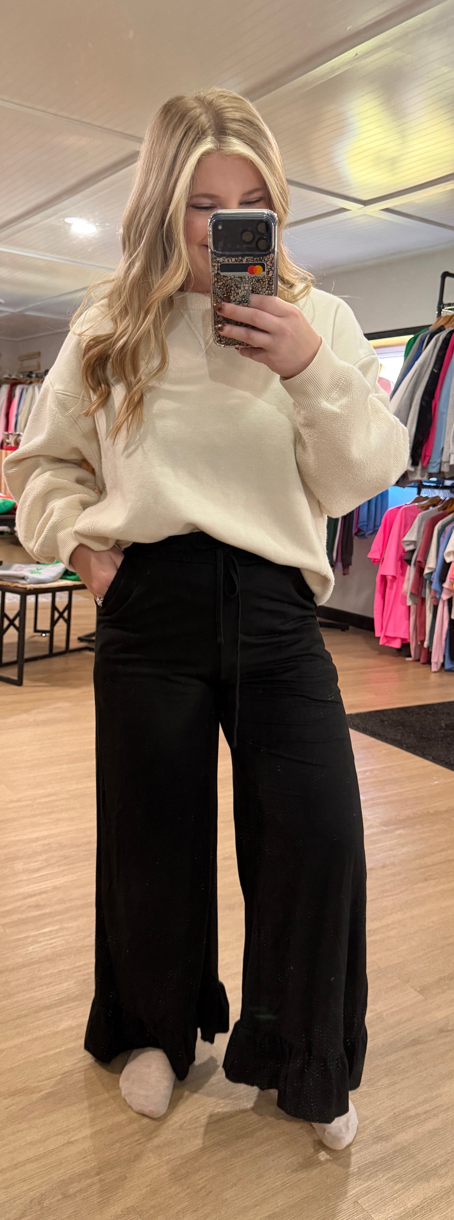 LDC Ruffled Wide Leg Pull On High Waist Pants