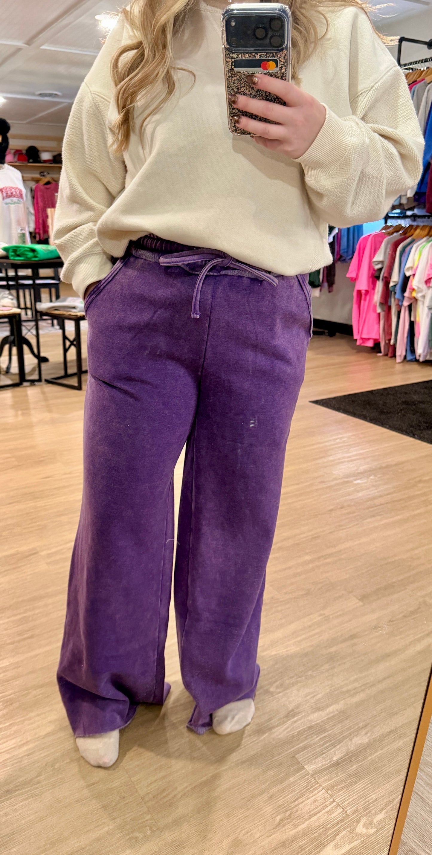 Acid Wash Fleece Palazzo Sweatpants With Pockets