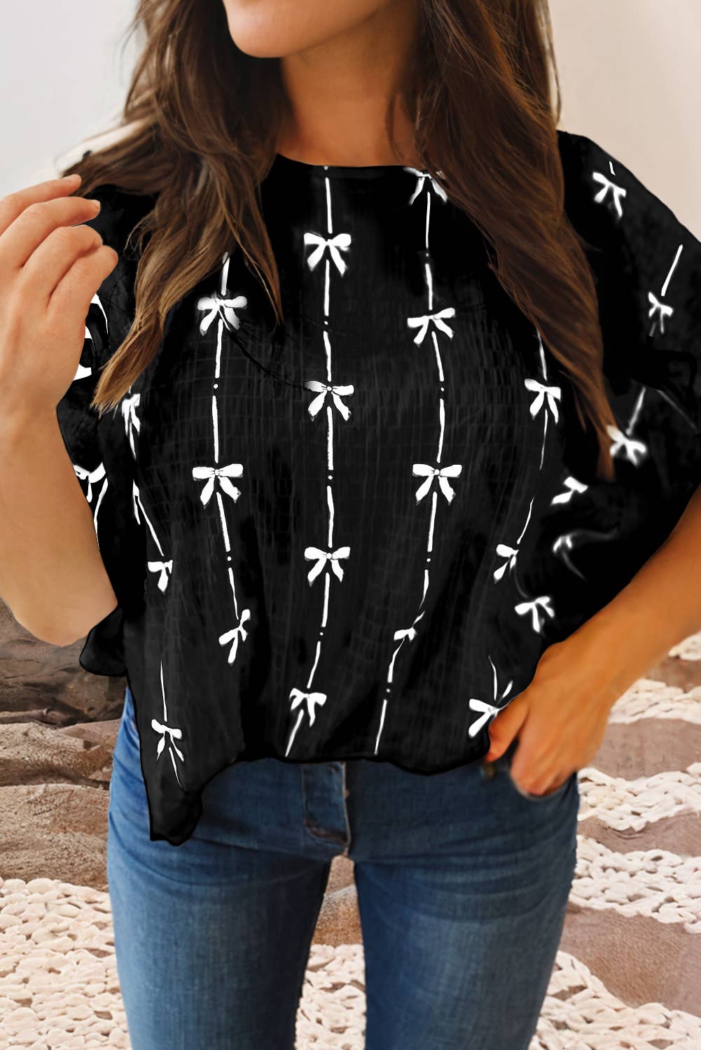 LDC Bow Print Puff Short Sleeve Top