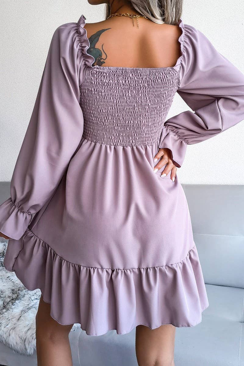 WOMEN SMOCKED FRILL SLEEVE LOOSE FIT RUFFLE DRESS_CWDSD1726