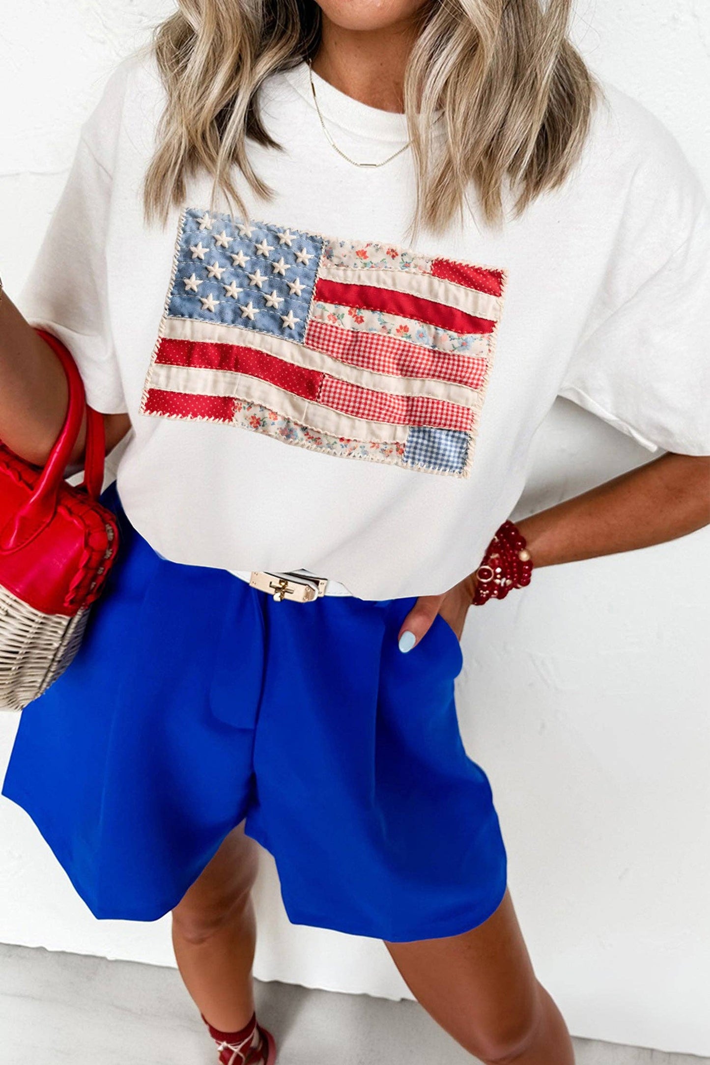 White USA Flag Patchwork Tee Independence Day Top