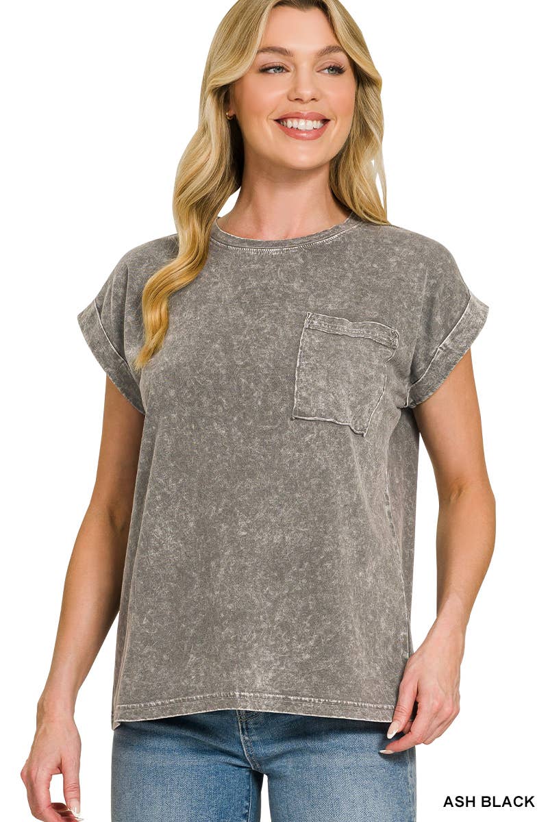 Halo Snow Washed Cuffed Short Sleeve Tee - Zenana