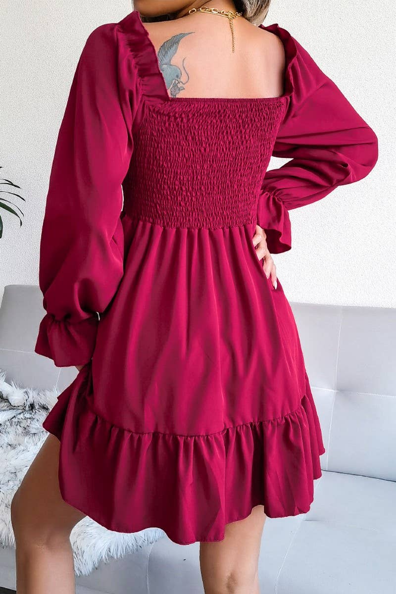 WOMEN SMOCKED FRILL SLEEVE LOOSE FIT RUFFLE DRESS_CWDSD1726