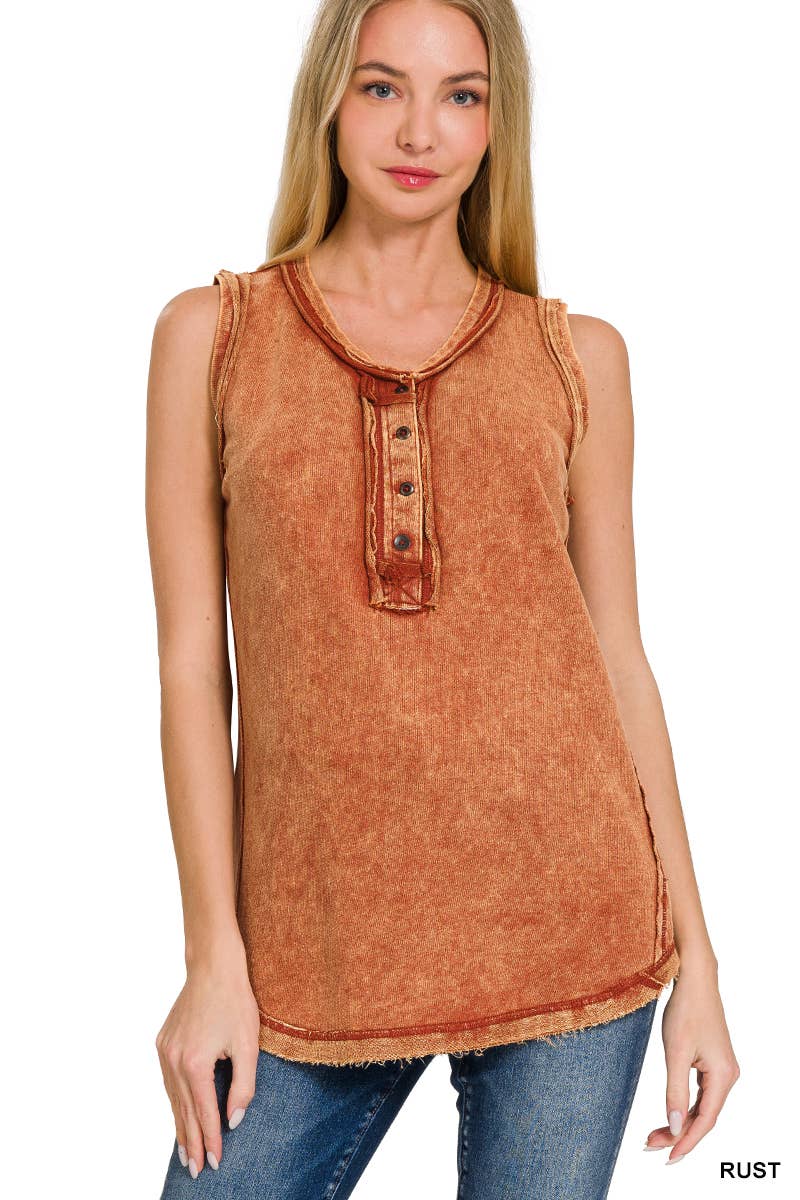 Washed Half-button Raw Edge Sleeveless Henley Top