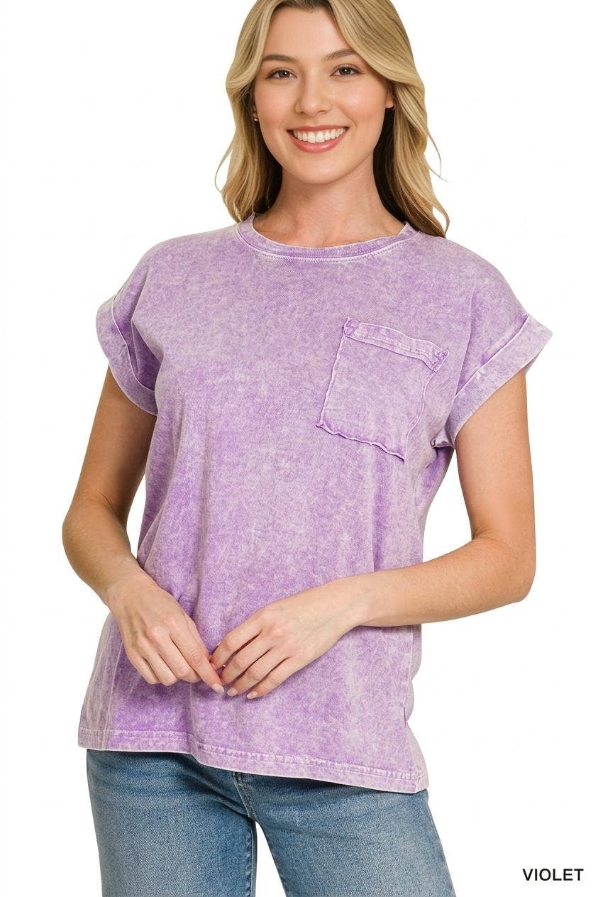 Halo Snow Washed Cuffed Short Sleeve Tee - Zenana