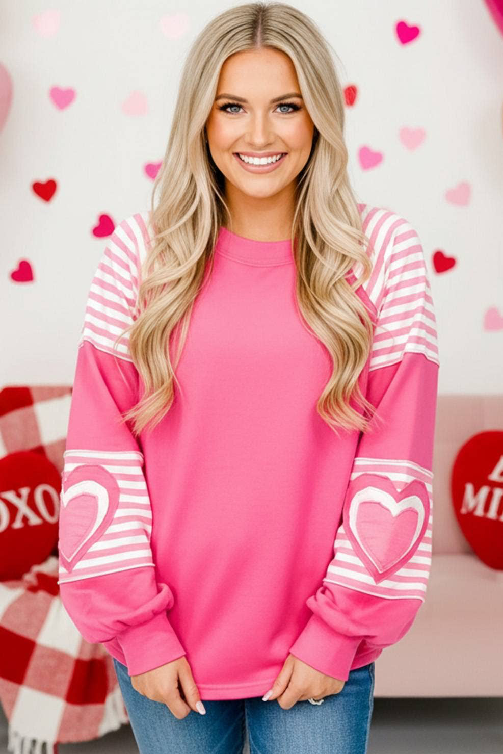 Valentine Heart Shape Striped Patched Long Sleeve Loose Top