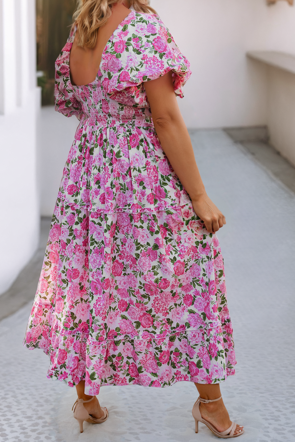 LDC Plus Size Floral Print Smocked Puff Sleeve Dress