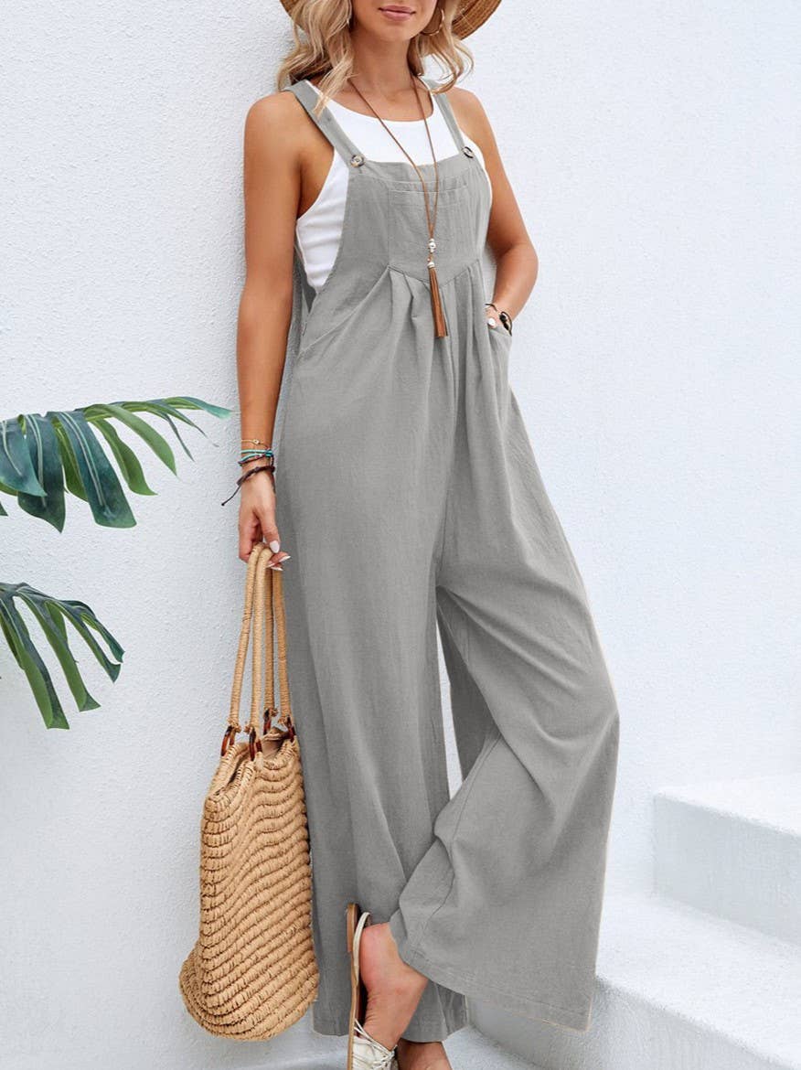 Pleated Pocket Button-Down Casual Bib Pants