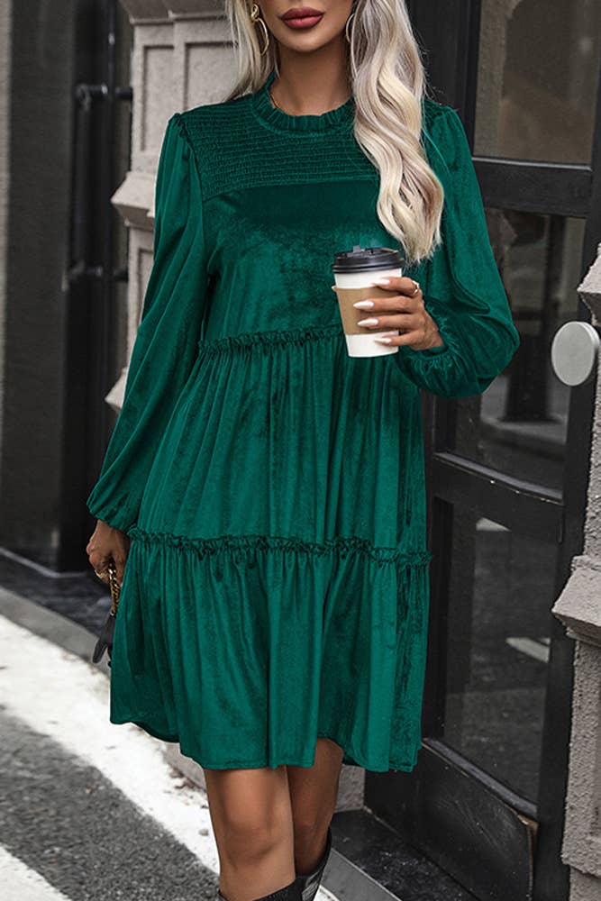 Dark Green Splicing Ruffled A-line Velvet Dress