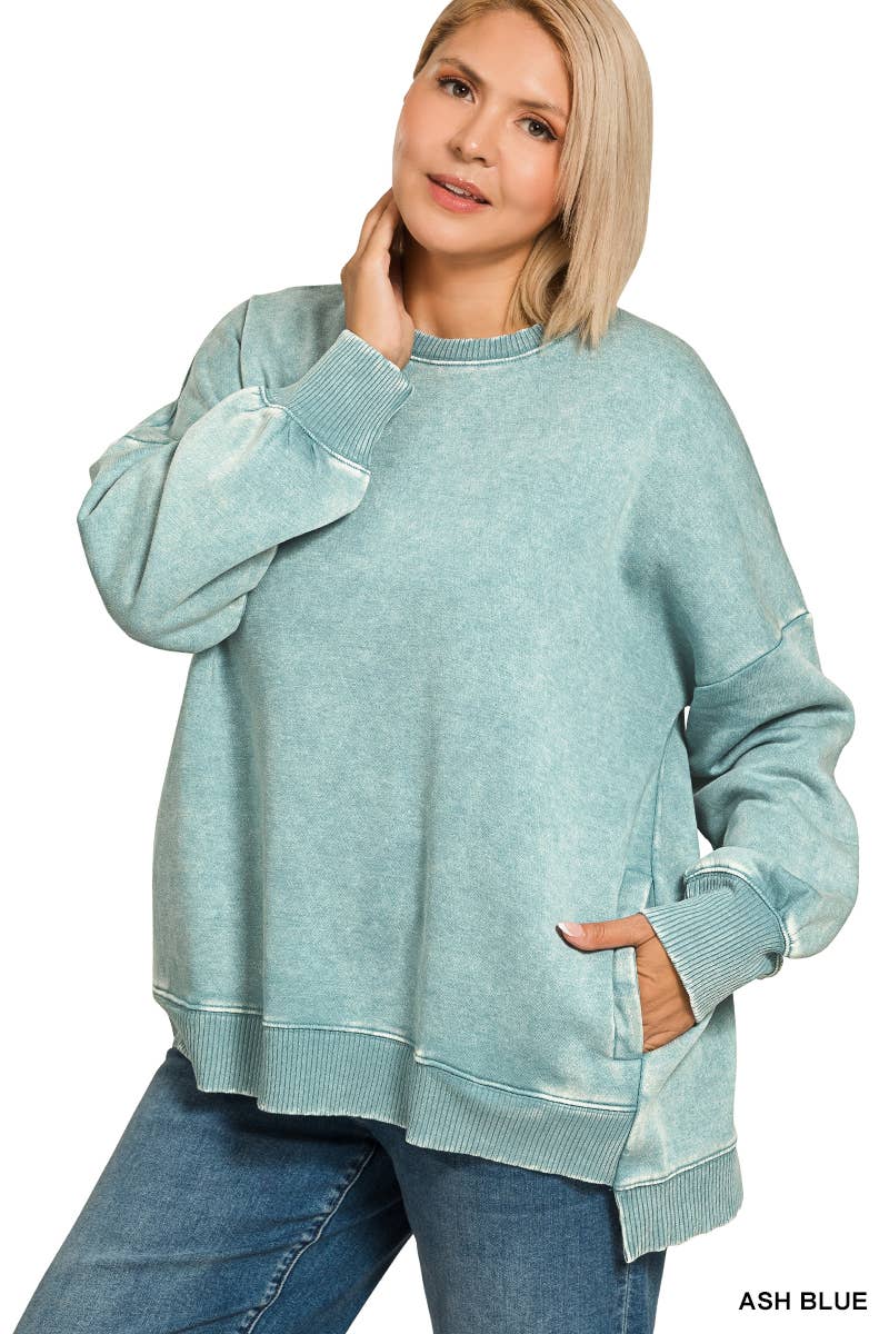 Plus Acid Wash Fleece Hi-low Hem Pullover