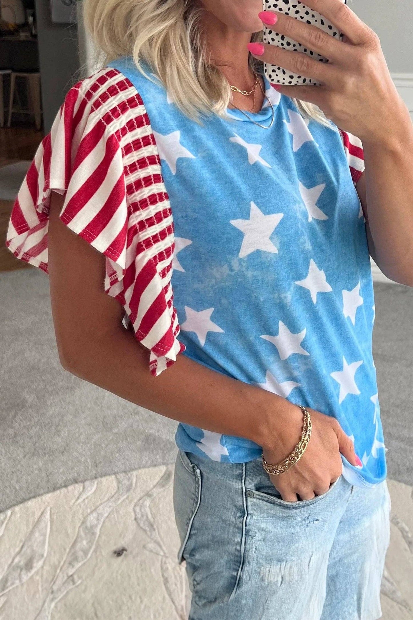 Blue Star Print Ruffle Sleeve Flag Day Patriotic Top