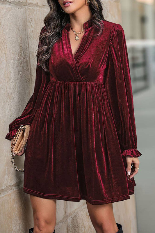 Velvet Pleated V Neck Long Sleeves Fall Winter Dress