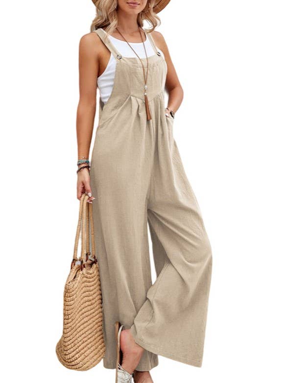 Pleated Pocket Button-Down Casual Bib Pants