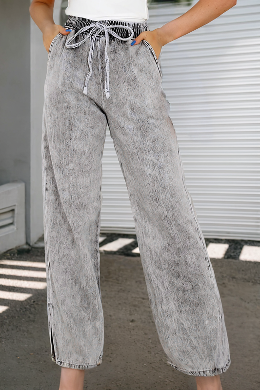 Medium Grey Drawstring Elastic Waist Wide Leg Jeans