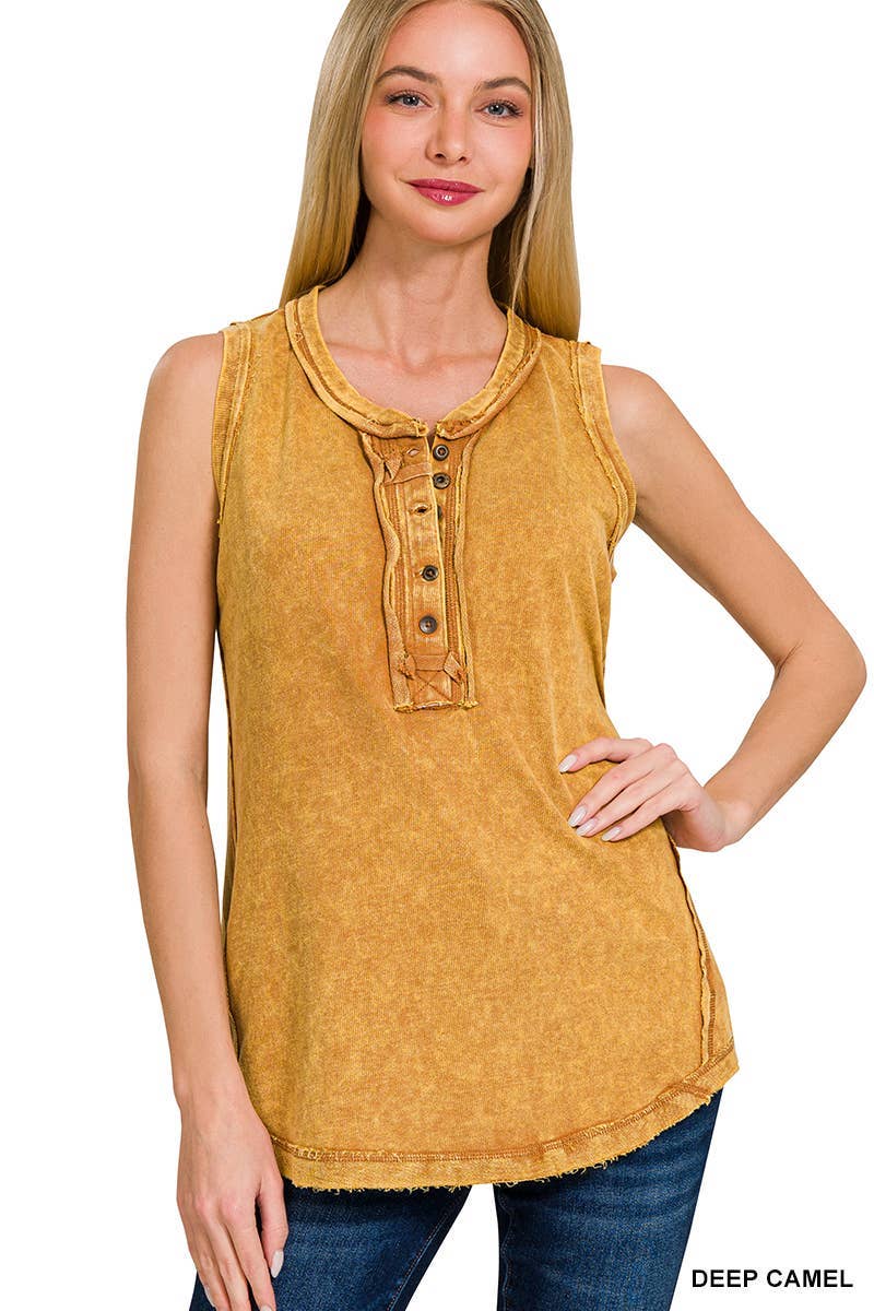 Washed Half-button Raw Edge Sleeveless Henley Top