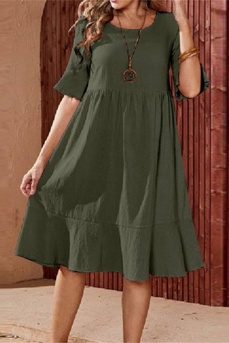 CWDMD3161_WIDE HEM SHORT SLEEVED COTTON AND LINEN DRESS
