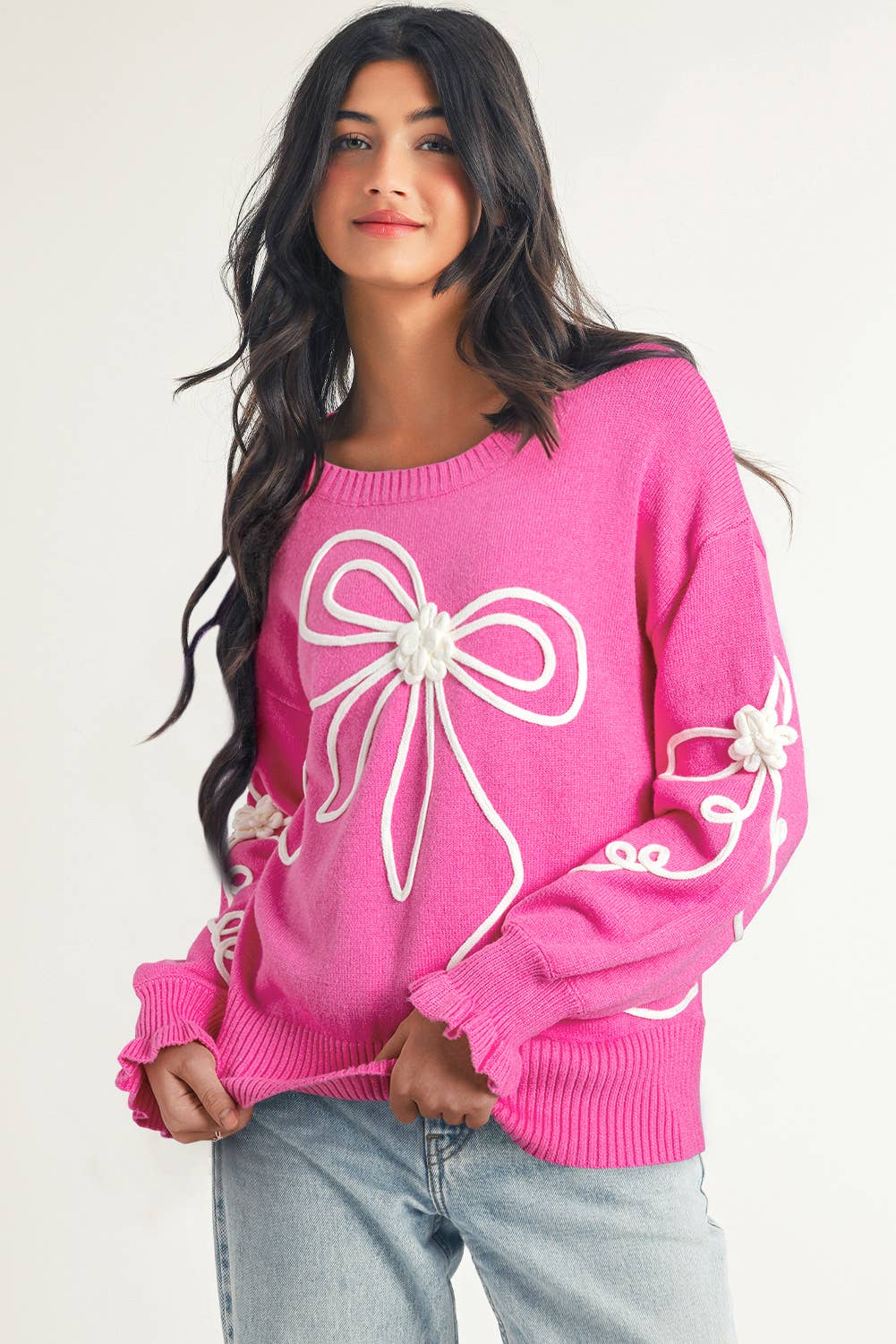 LDC Corded Flower Bow Ribbed Trim Casual Sweater