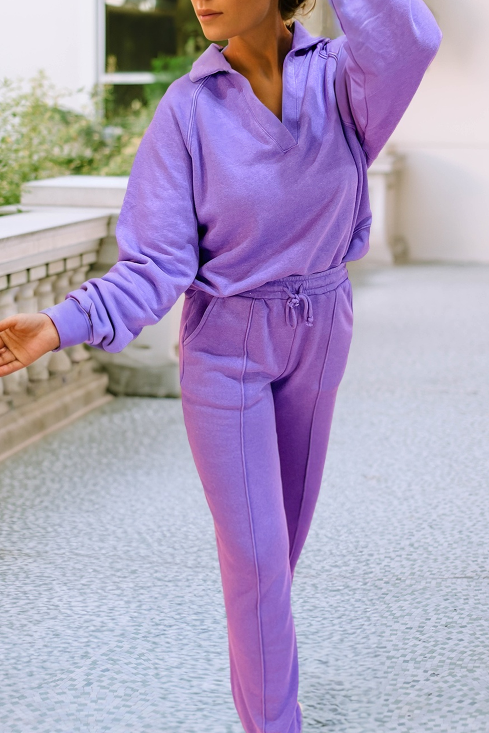 LDC Solid Color Collared Pullover and Central Seam Pants Set