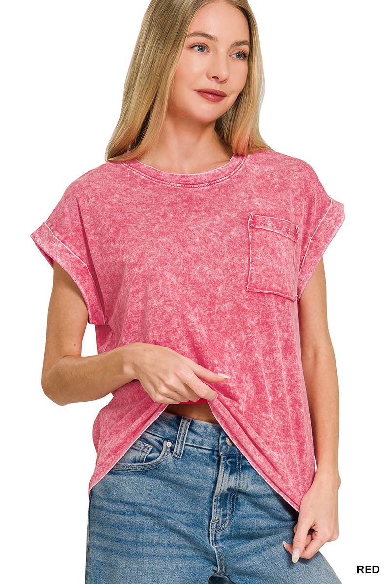Halo Snow Washed Cuffed Short Sleeve Tee - Zenana