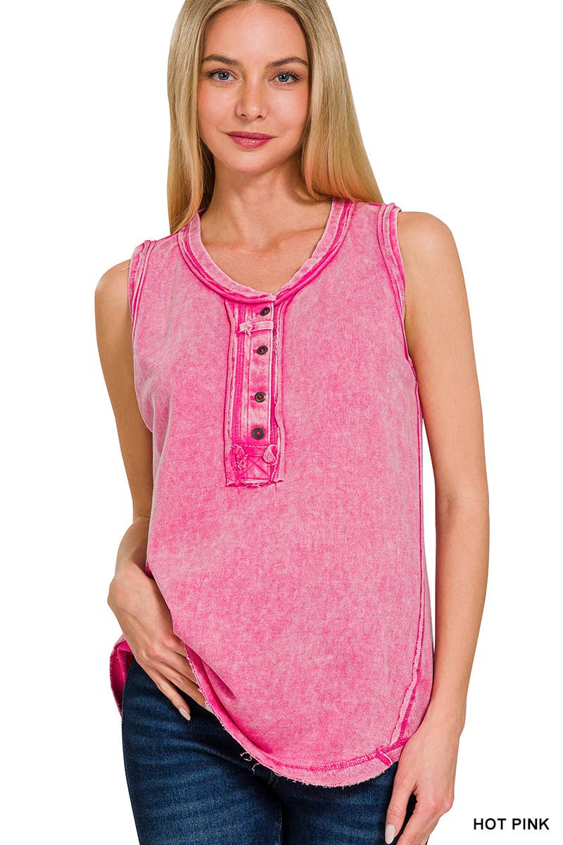 Washed Half-button Raw Edge Sleeveless Henley Top