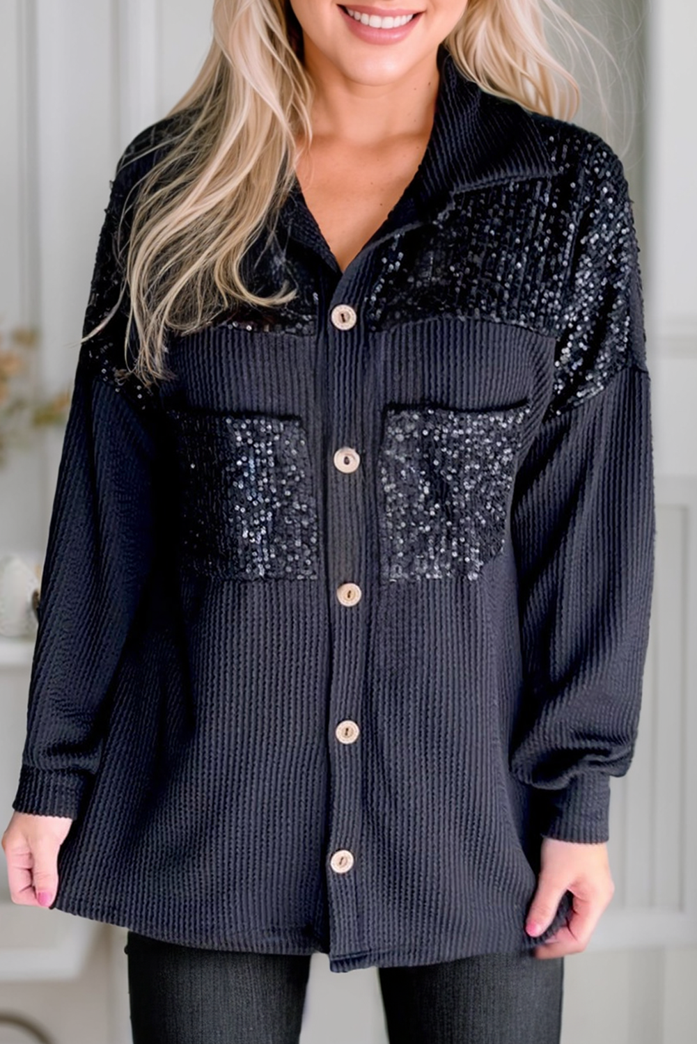Black Sequin Patch Chest Pocket Corded Shacket