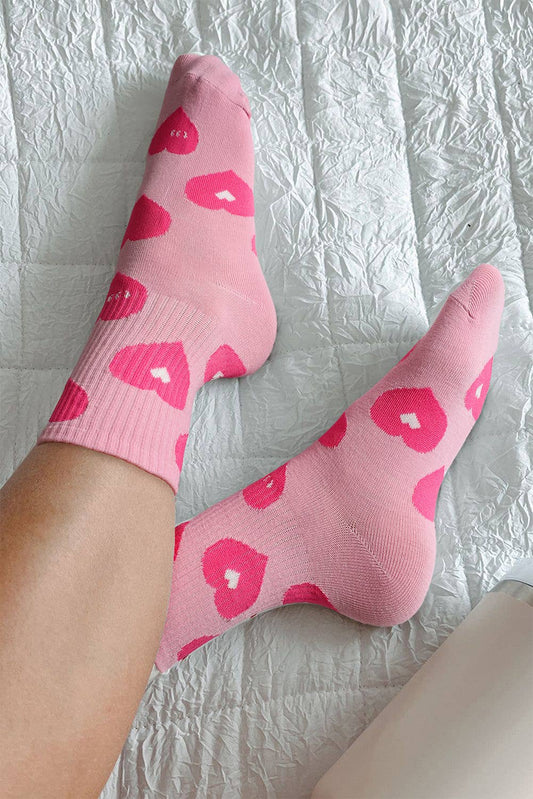 Heart Print Valentine Vibe Ribbed Trim Soft Crew Socks