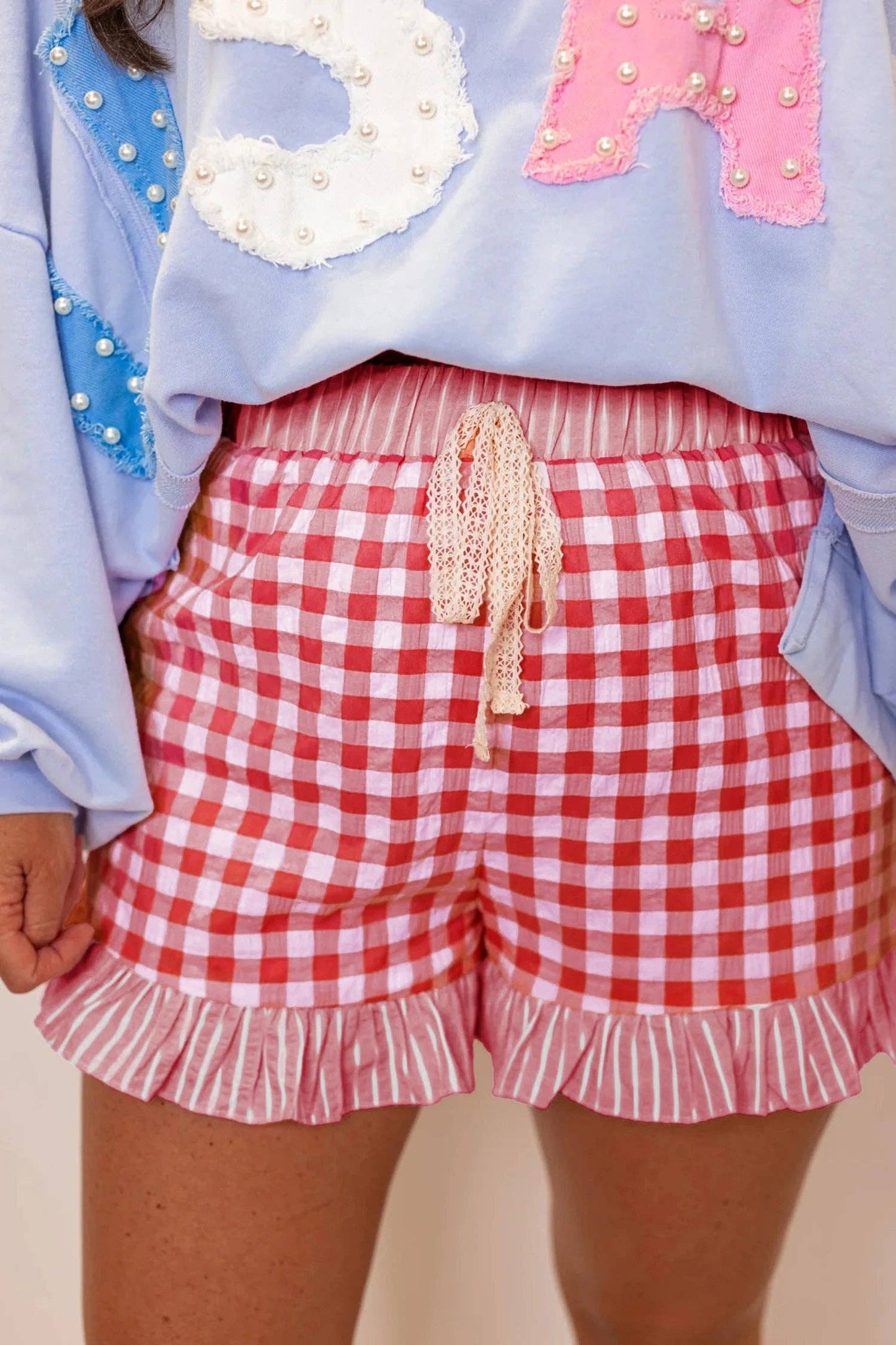 Gingham Ruffle Hem Shorts High Waist Casual Summer