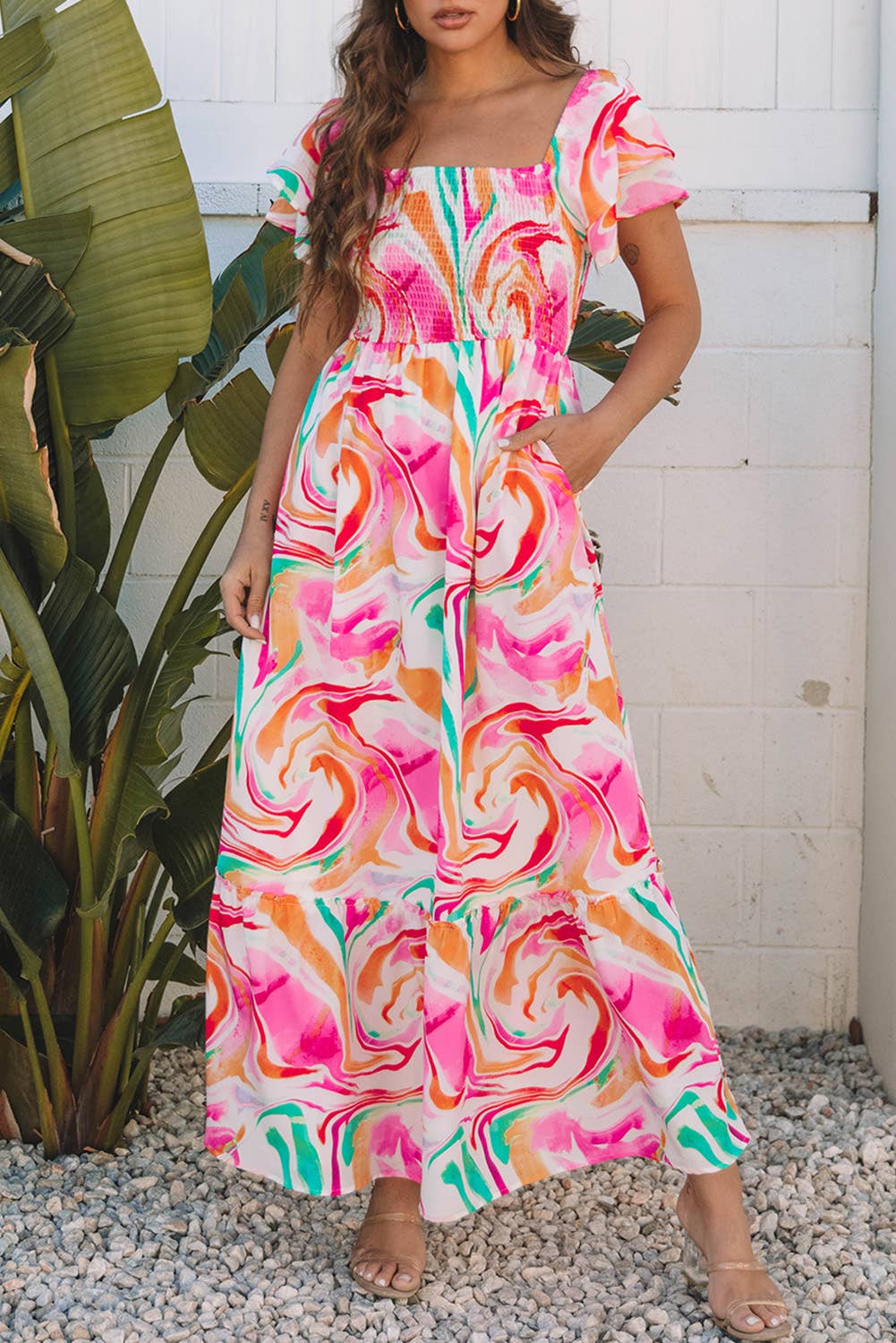 LDC Abstract Print Ruffled Sleeve Smocked Bust Maxi Dress