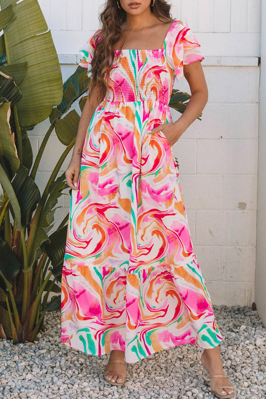 LDC Abstract Print Ruffled Sleeve Smocked Bust Maxi Dress