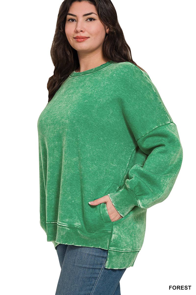 Plus Acid Wash Fleece Hi-low Hem Pullover