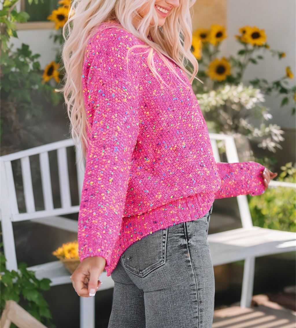 Dark Pink Colorful Spots Knitted V Neck Casual Sweater