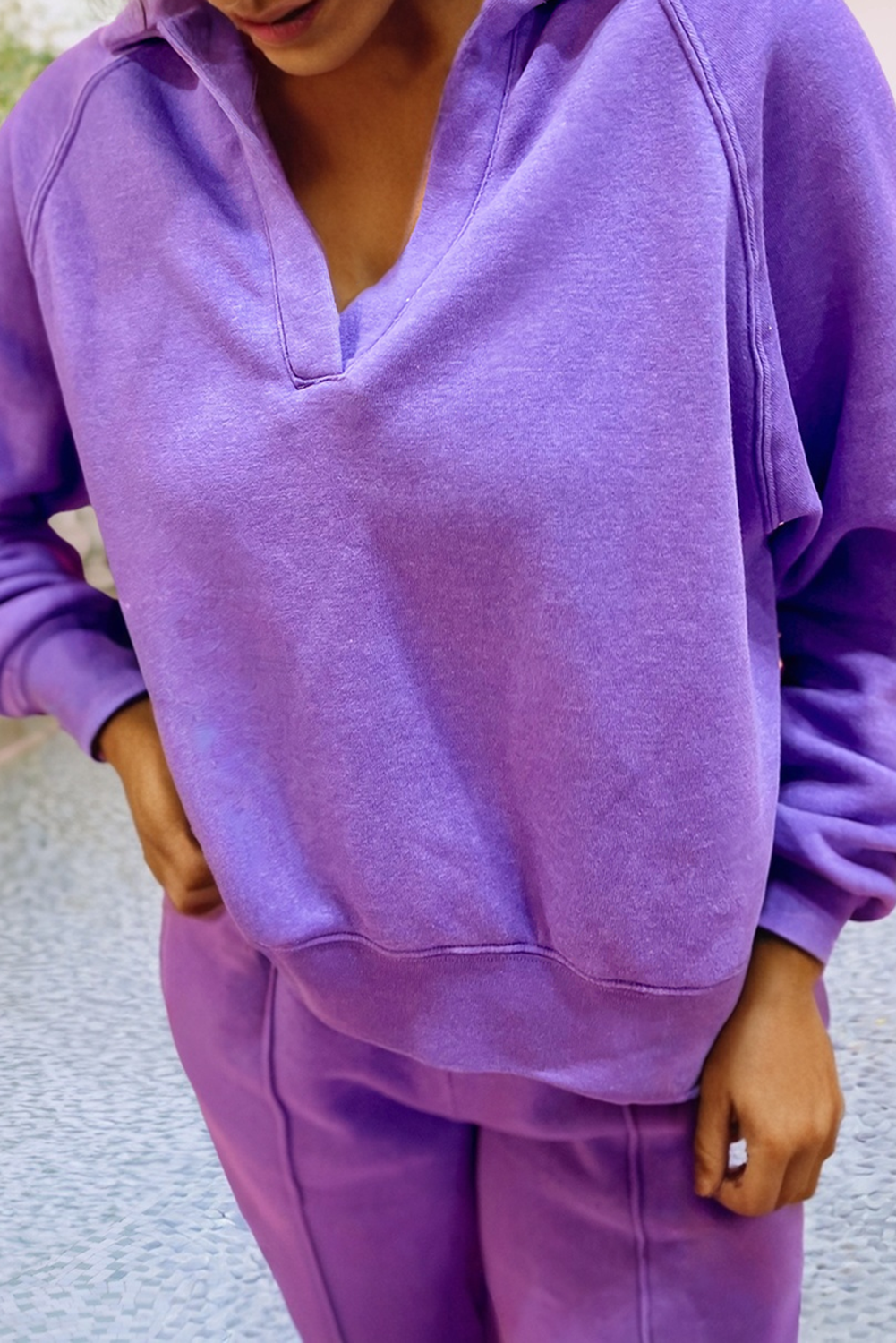 LDC Solid Color Collared Pullover and Central Seam Pants Set