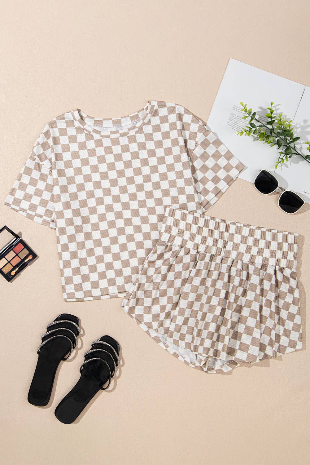 Checkerboard T-Shirt & High-Waist Skorts 2-Piece Set