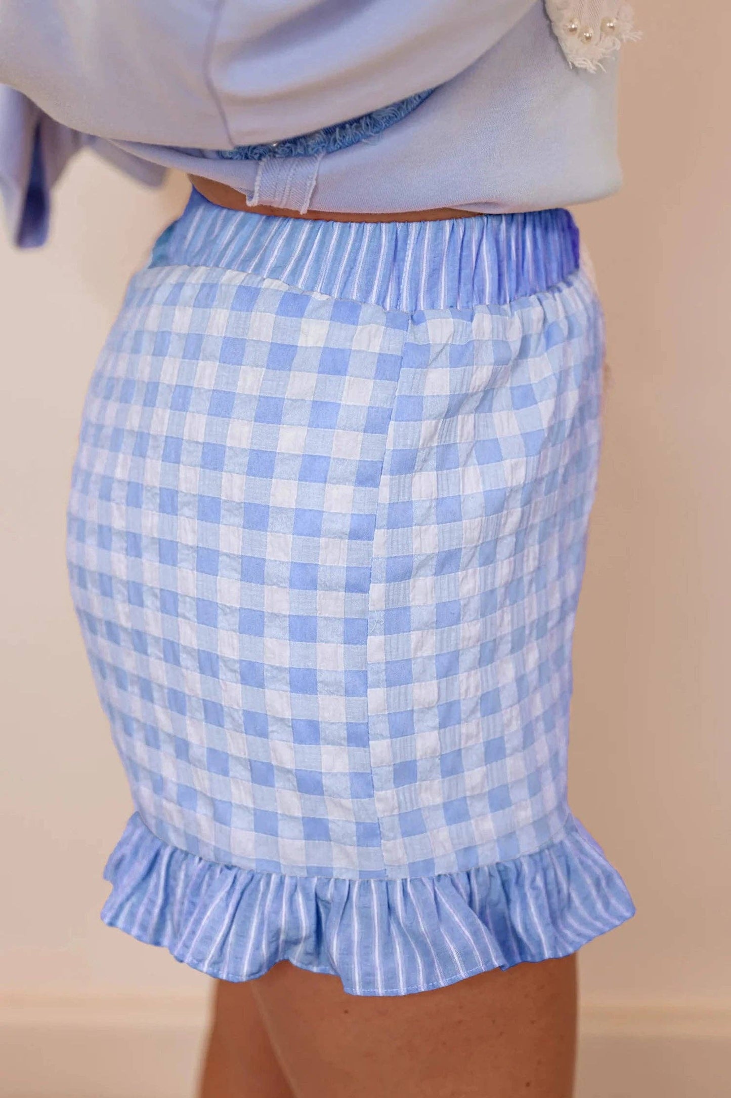 Gingham Ruffle Hem Shorts High Waist Casual Summer