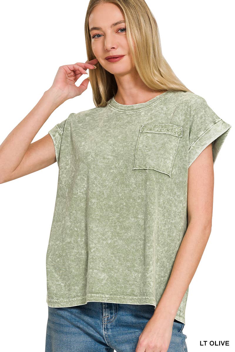 Halo Snow Washed Cuffed Short Sleeve Tee - Zenana