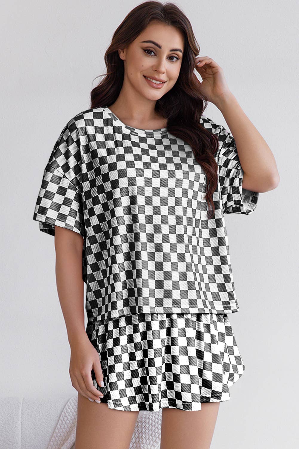 Checkerboard T-Shirt & High-Waist Skorts 2-Piece Set