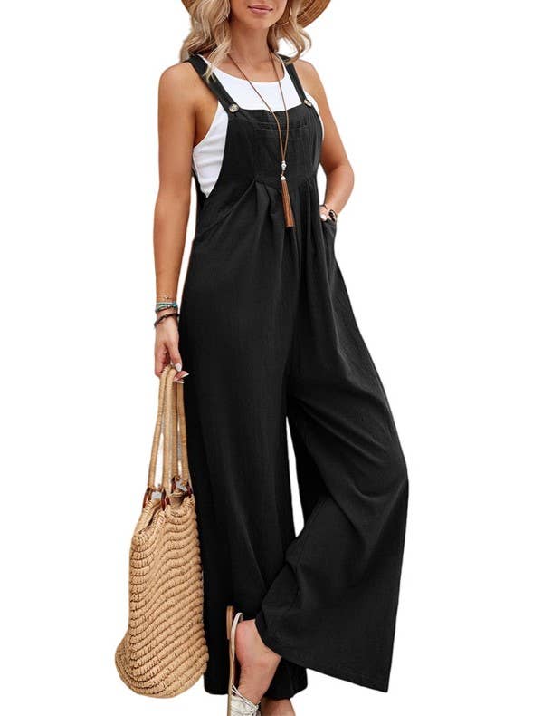 Pleated Pocket Button-Down Casual Bib Pants