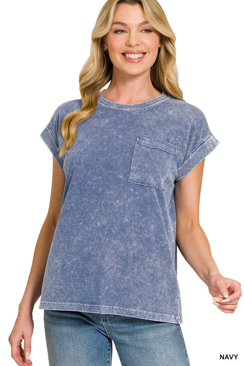Halo Snow Washed Cuffed Short Sleeve Tee - Zenana
