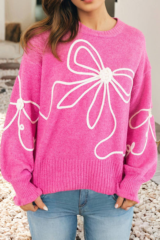 LDC Corded Flower Bow Ribbed Trim Casual Sweater