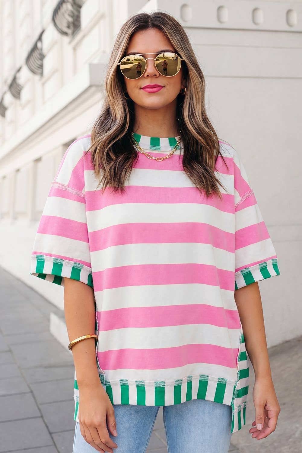 Stripe Contrast Trim Short Sleeve Top | S-XL