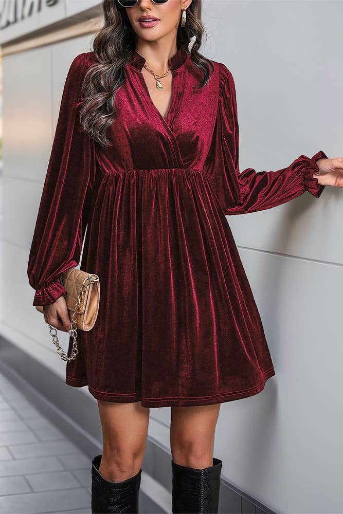 Velvet Pleated V Neck Long Sleeves Fall Winter Dress