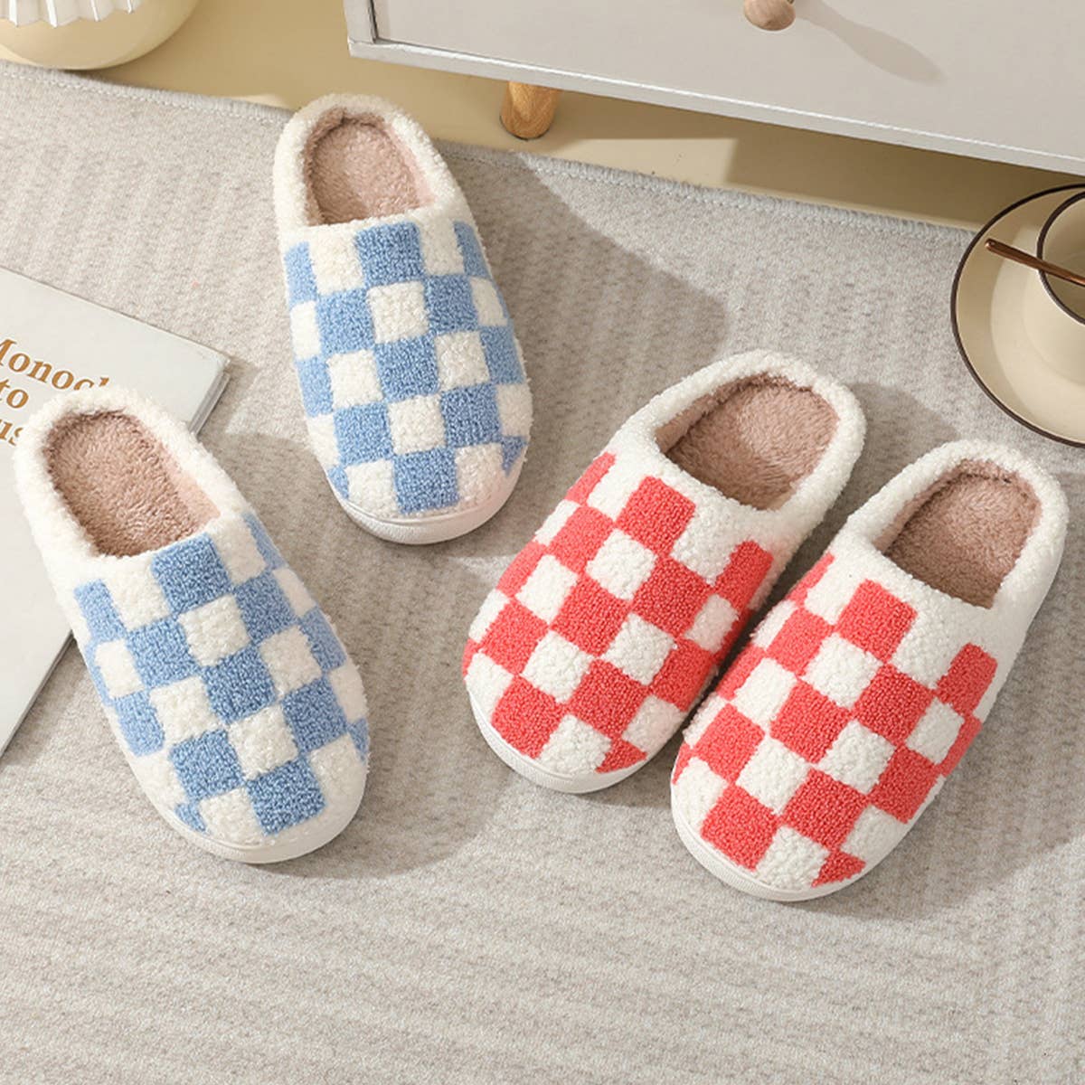 SIMPLE CHECKERED WARM COTTON SLIPPERS_CWSHS0250