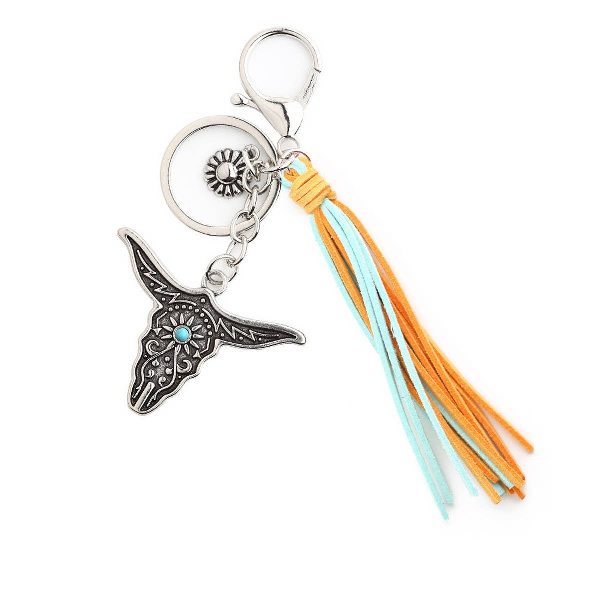 Boho Western Bull Head Keychain with Vintage Charm_CWAB5085